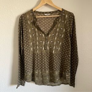 Lucky Brand Long Sleeve Green Boho Patterned Blouse Shirt Soft Stretchy Indie M